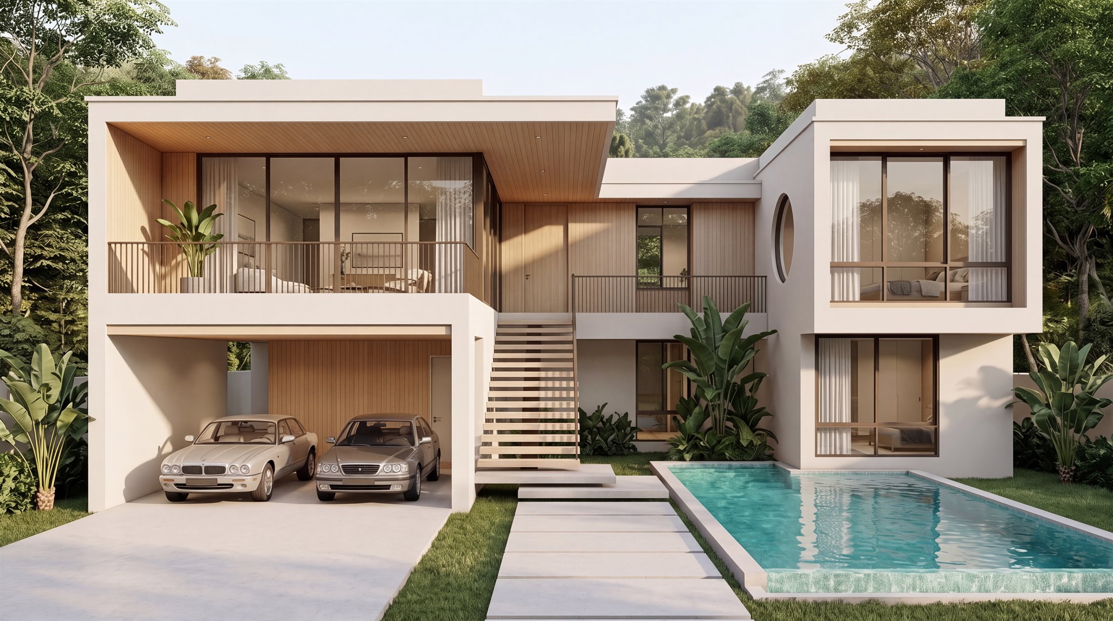 ภาพ 3 มิติภายนอกของบ้านที่มีหลังคา มองตรงจากด้านหน้า