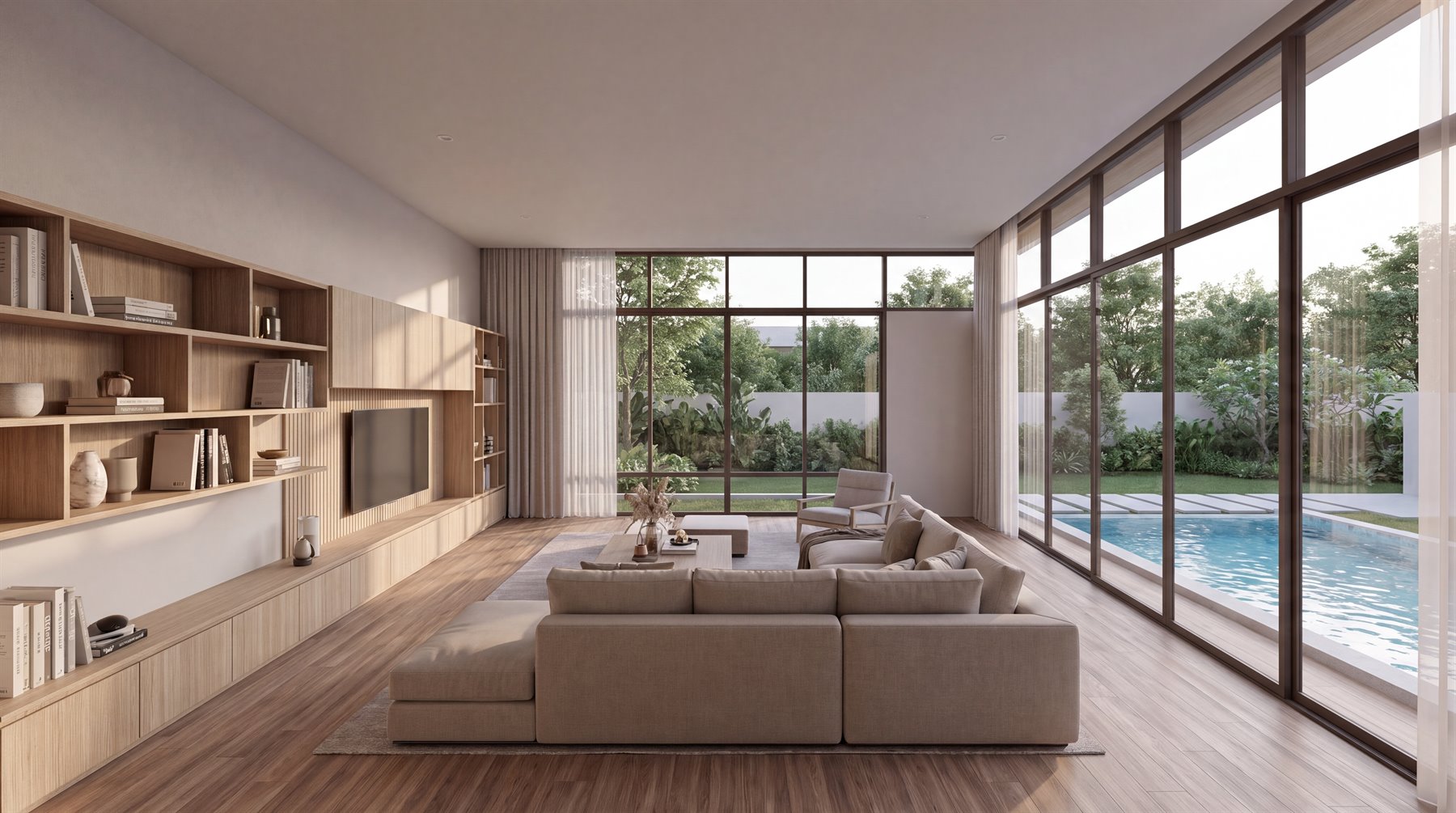 ห้องพักผ่อน–นั่งเล่นชั้น 1 โซฟาตัวแอล ชั้นบิลท์อินริมผนัง และกระจกบานใหญ่มองเห็นสระ