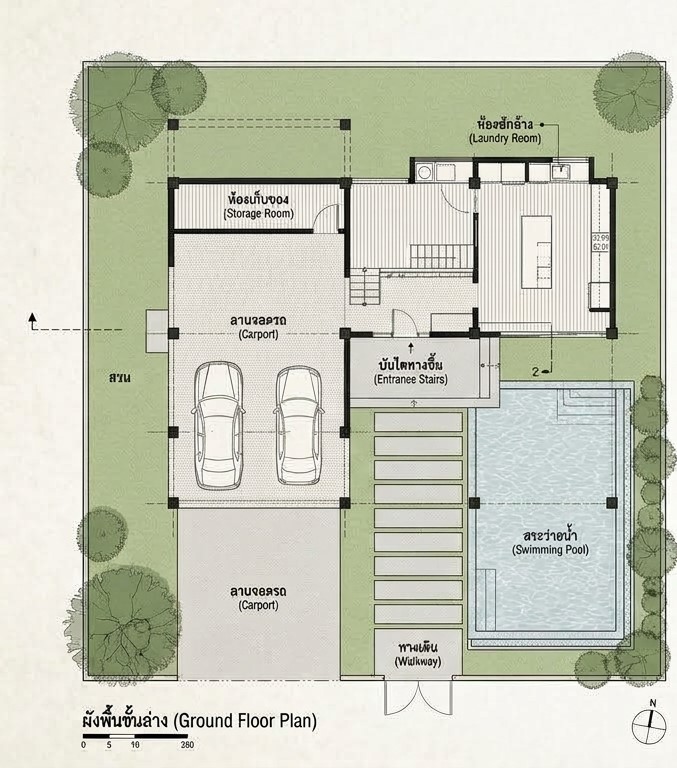ผังพื้นชั้น 1 ของบ้าน เห็นที่จอดรถ ห้องต่าง ๆ ทางเดิน และสระว่ายน้ำ