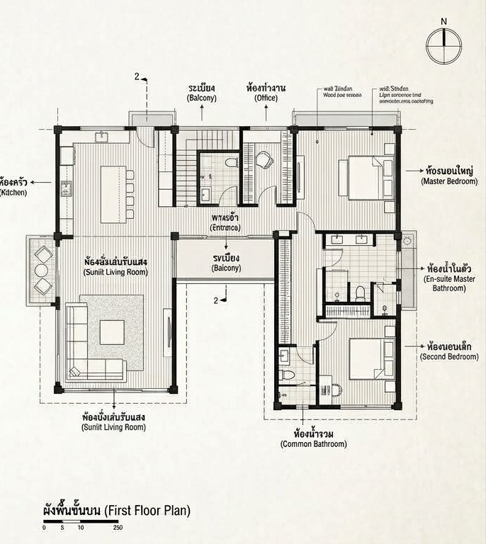 ผังพื้นชั้น 2 ของบ้าน เห็นห้องนั่งเล่น ครัว ห้องนอน ห้องน้ำ และระเบียง
